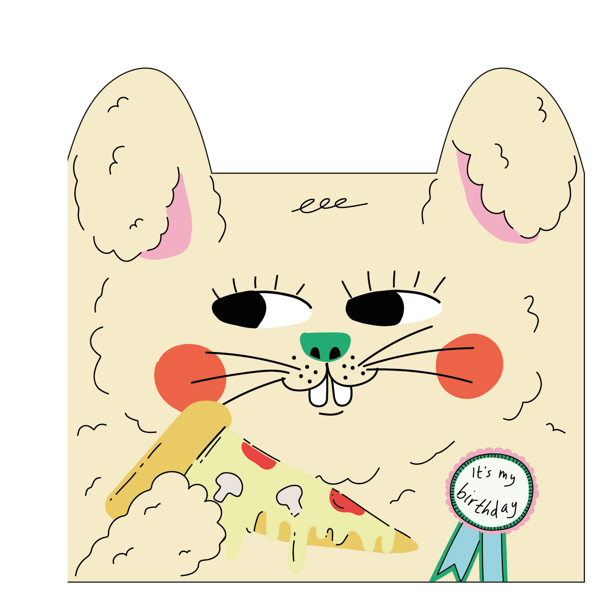 Close-up of Eat The Moon's Rabbit Eats Pizza kids' card, highlighting the unique ear-shaped die-cut and playful illustration.