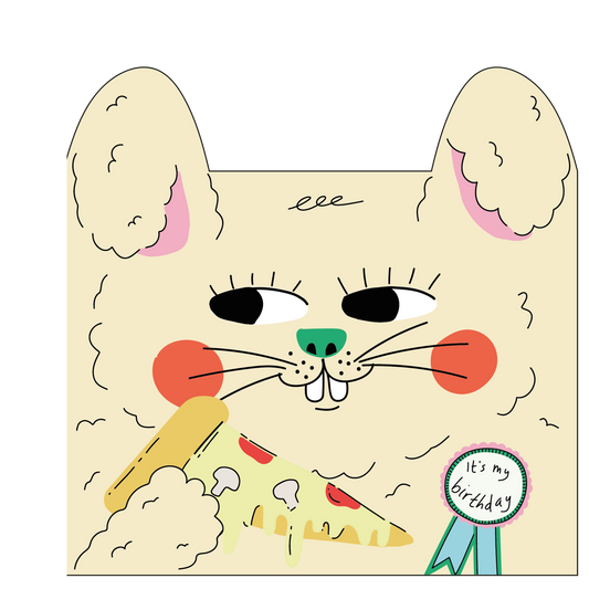 Close-up of Eat The Moon's Rabbit Eats Pizza kids' card, highlighting the unique ear-shaped die-cut and playful illustration.