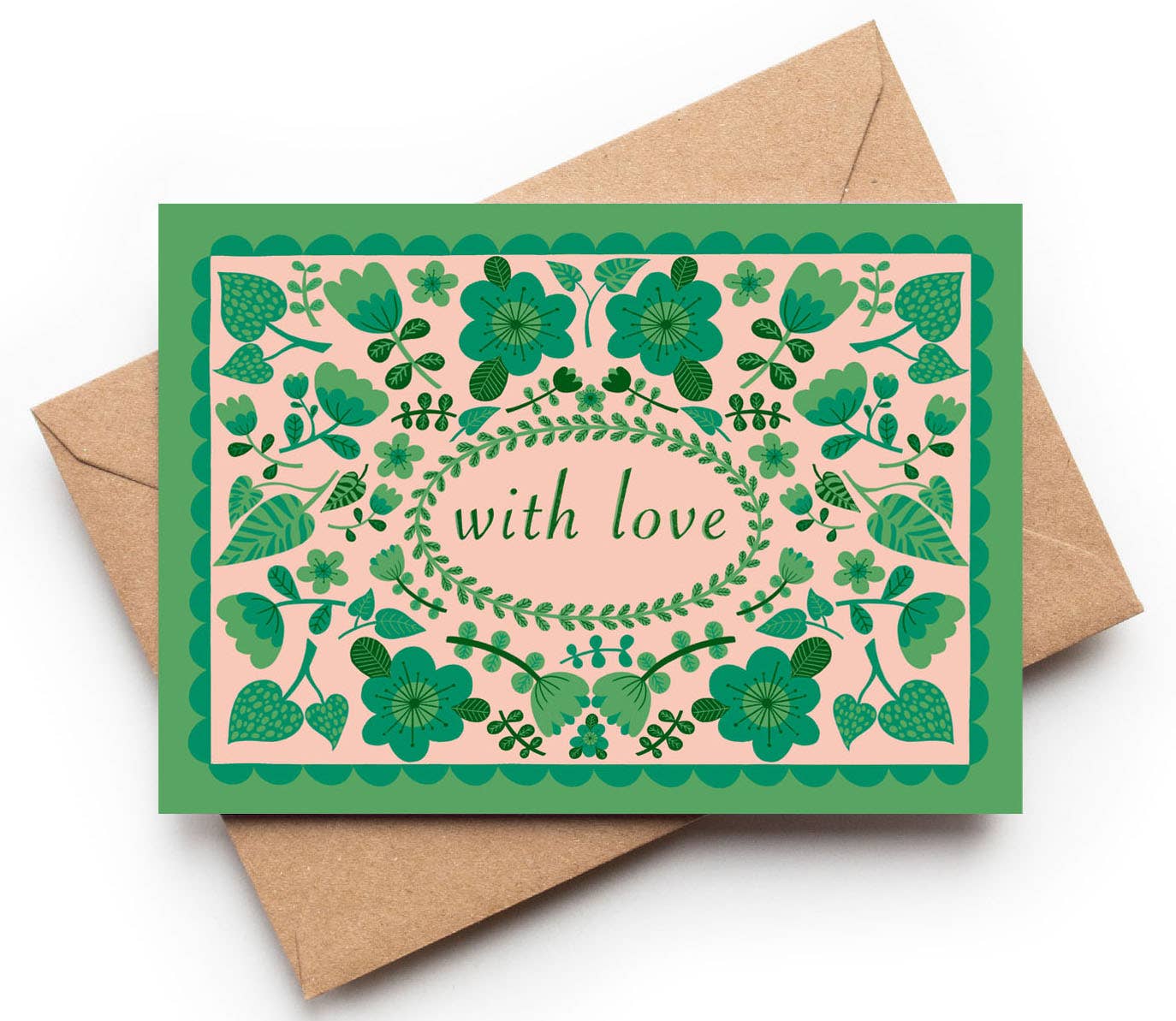 Green folk floral 'With Love' greeting card with kraft envelope