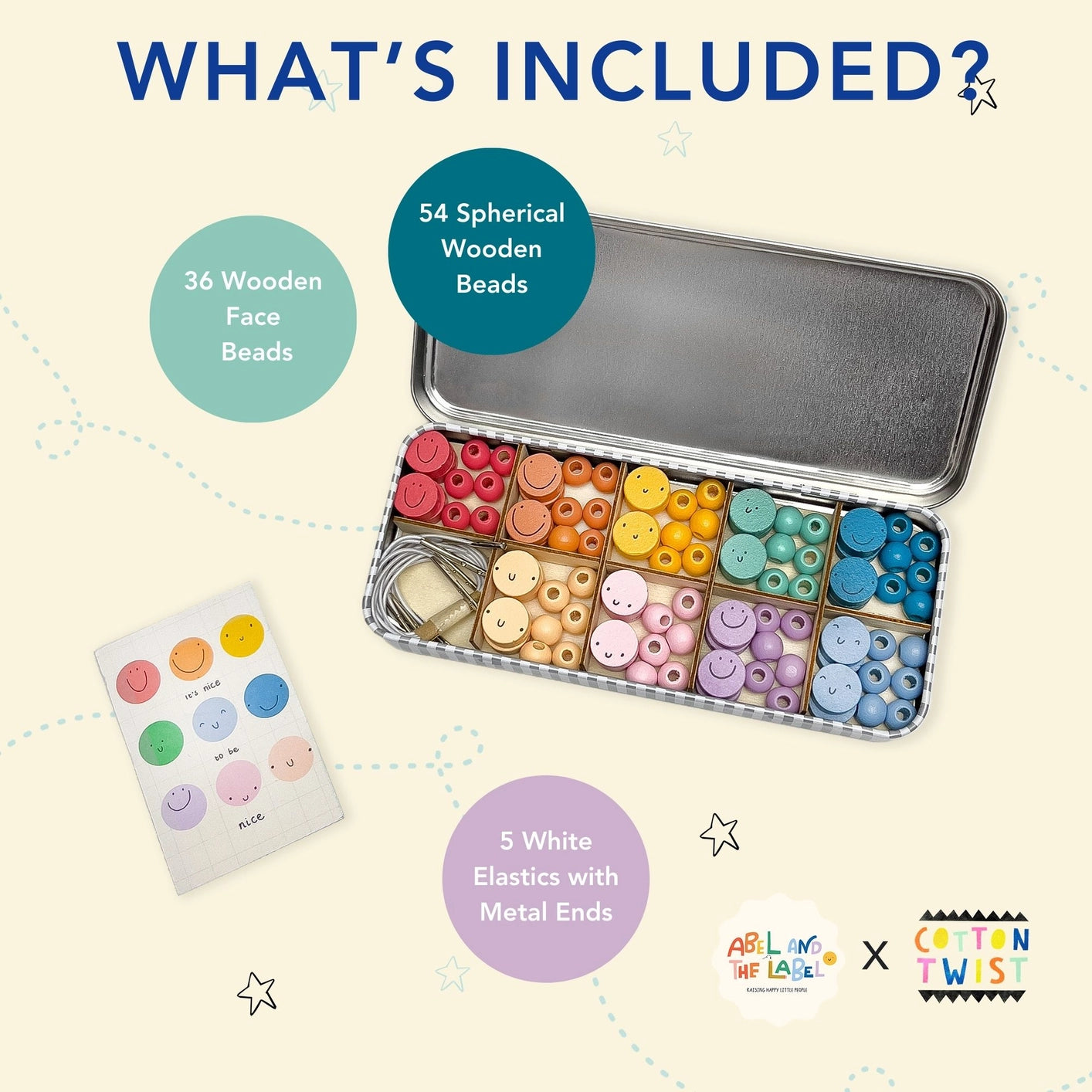 It's Nice To Be Nice bracelet kit for kids, plastic free, with smiley face wooden beads