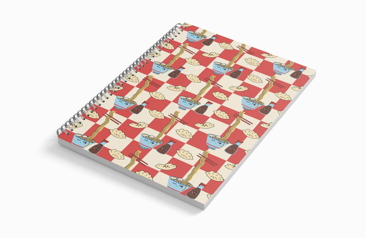 A5 wire bound notebook with gyoza and soy sauce illustration