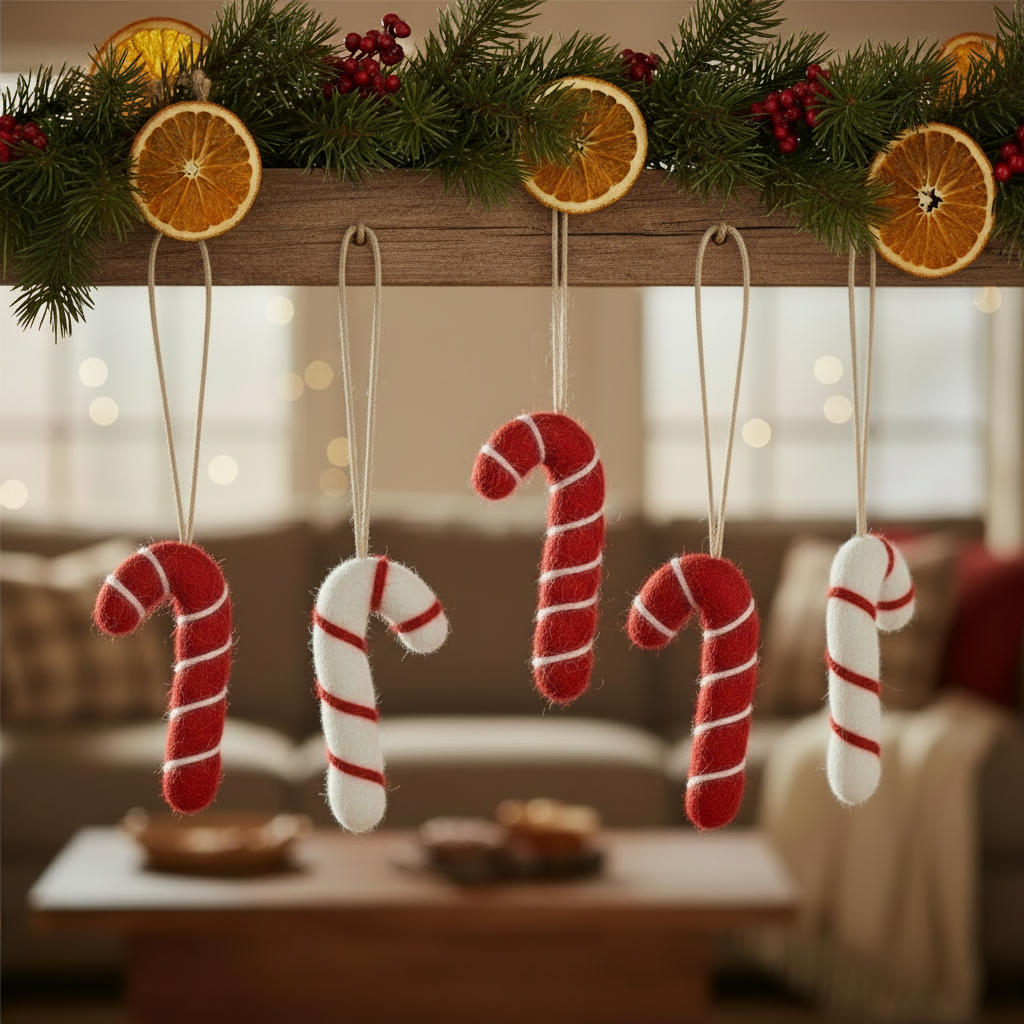 Close-up of fair trade biodegradable felt candy cane decoration