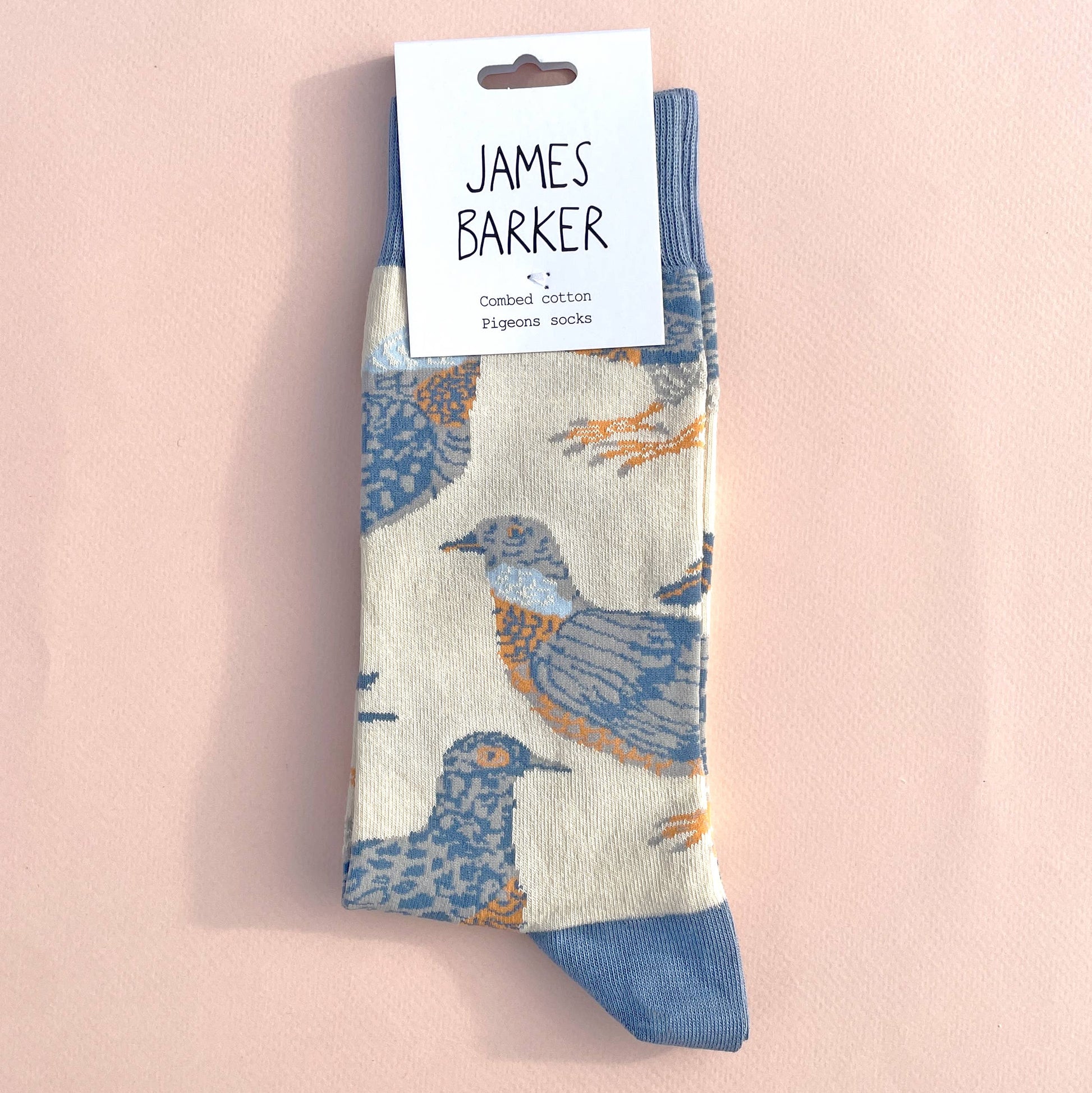Hand-illustrated pigeon cotton socks by James Barker, unisex sizes, bold multi-colour design, fun and quirky fashion accessory for daily wear or gifts.