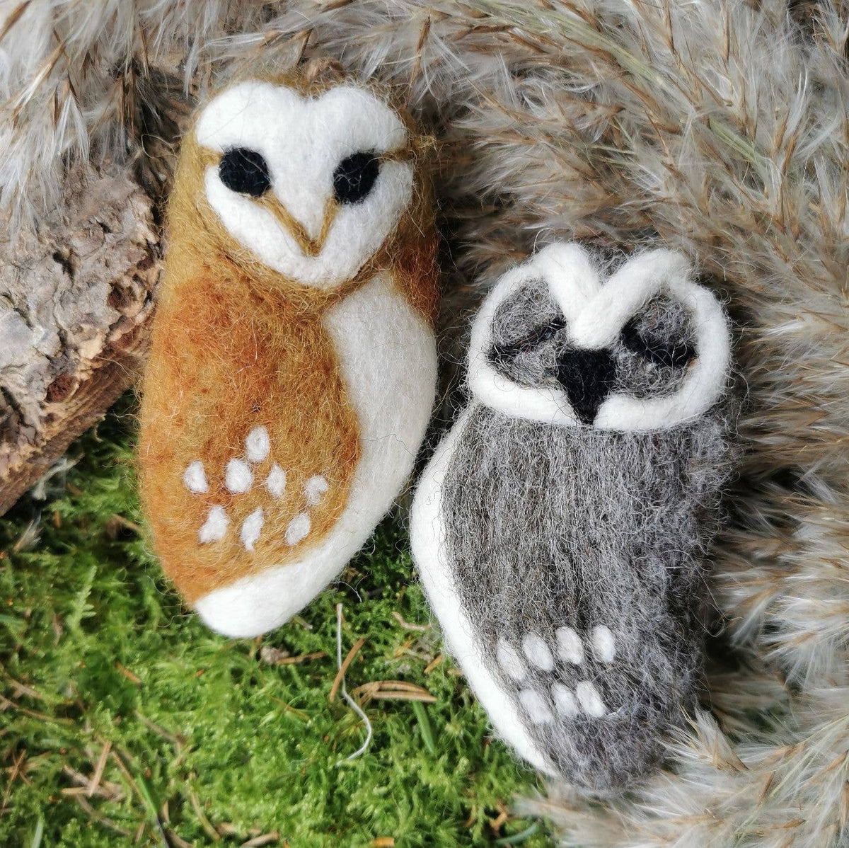 Close-up of fair trade felt owl ornament showing heart-shaped face