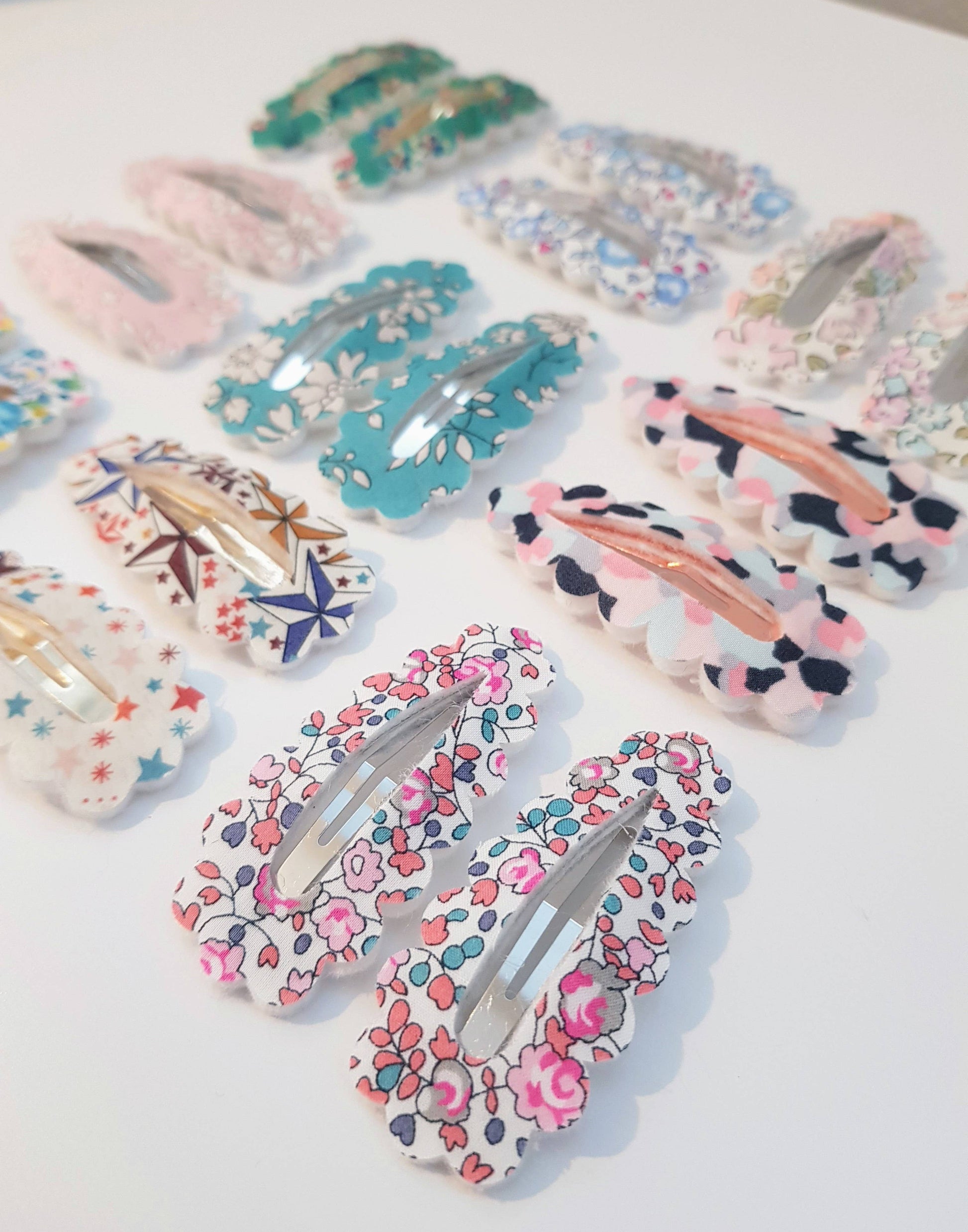 Liberty of London floral fabric hair clips by The Blossom Tree House, handmade and felt-backed.