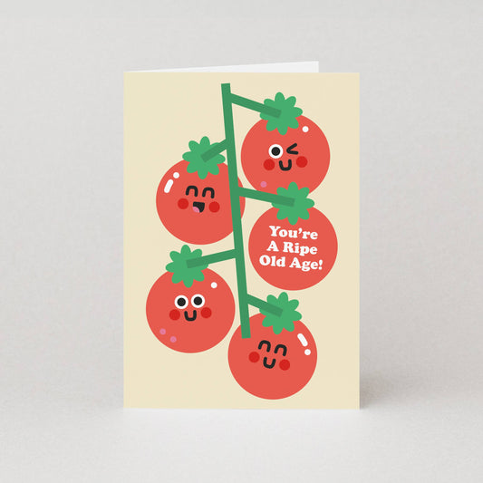 Illustrated birthday card with tomatoes on a vine and “You’re a Ripe Old Age!” pun; A6 size, eco-friendly 300gsm paper, kraft envelope, UK made.