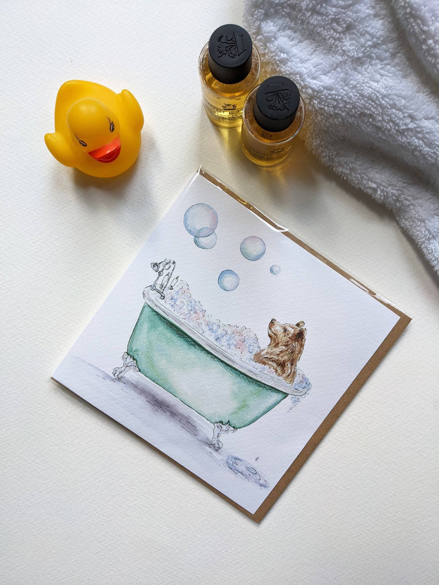 Back of Bear in Bath greeting card showing recyclability