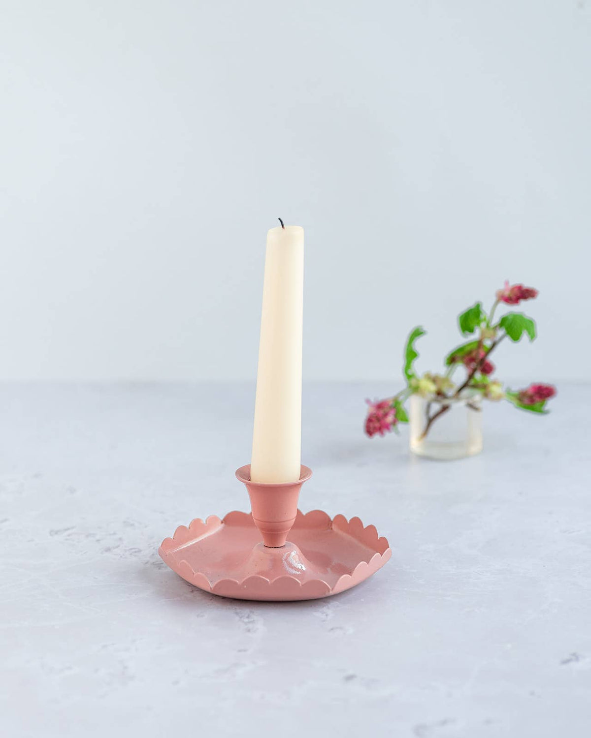 Handmade blush pink candle stick holder with scalloped edge