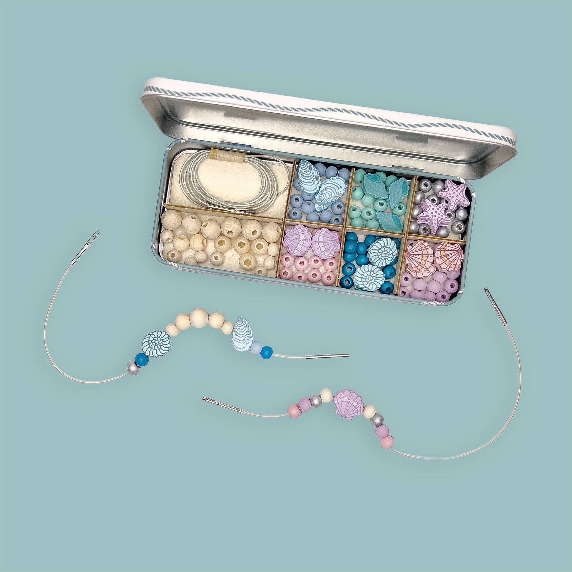 Completed seashell bracelet on child's wrist