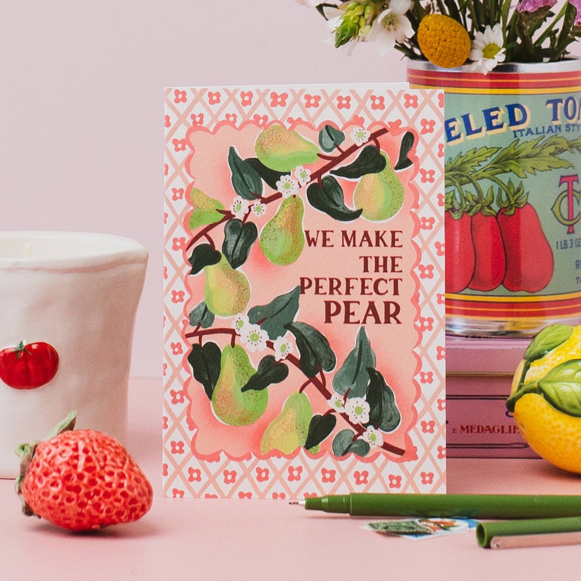 Close-up of 'Perfect Pear' card showing textured sustainably sourced card and kraft envelope