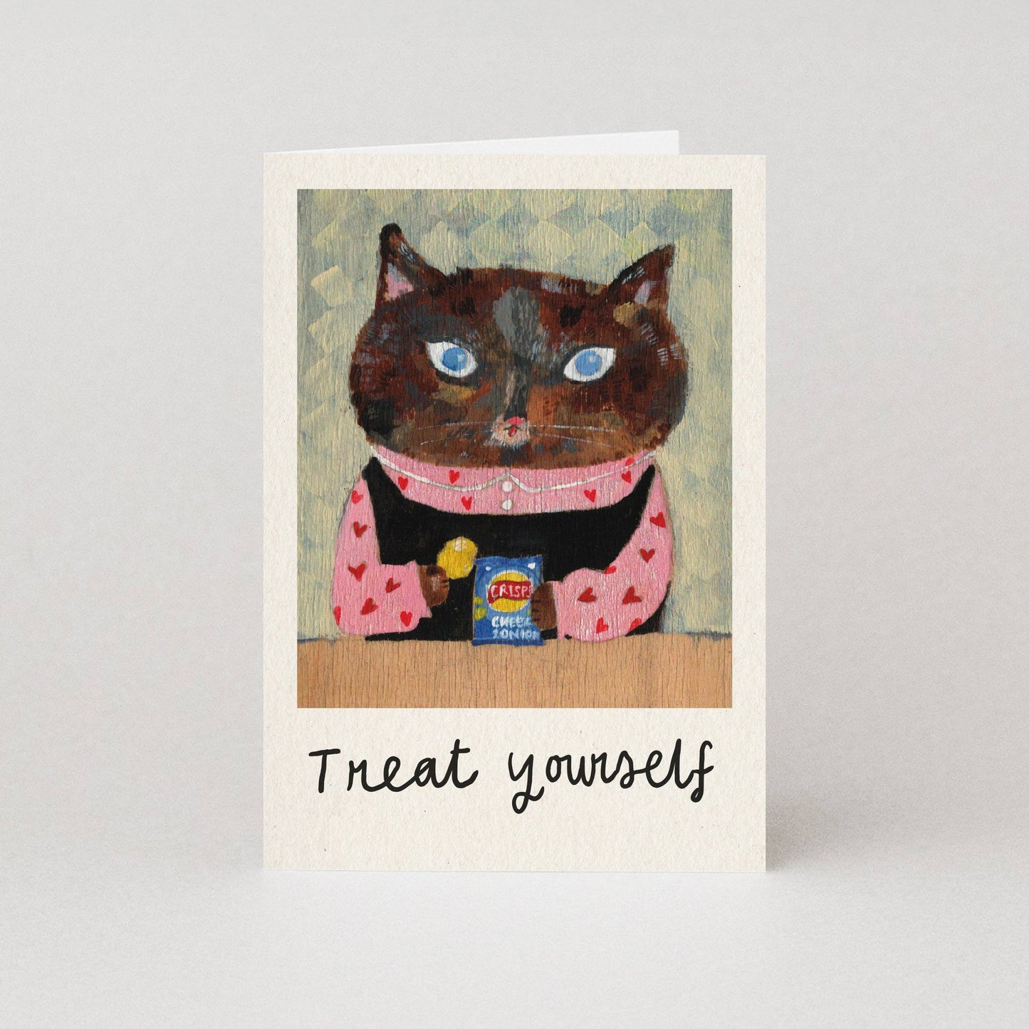 Treat Yourself cat birthday card by Studio Boketto, illustrated cat with adorable outfit enjoying a snack, printed on sustainable 300gsm paper, UK made