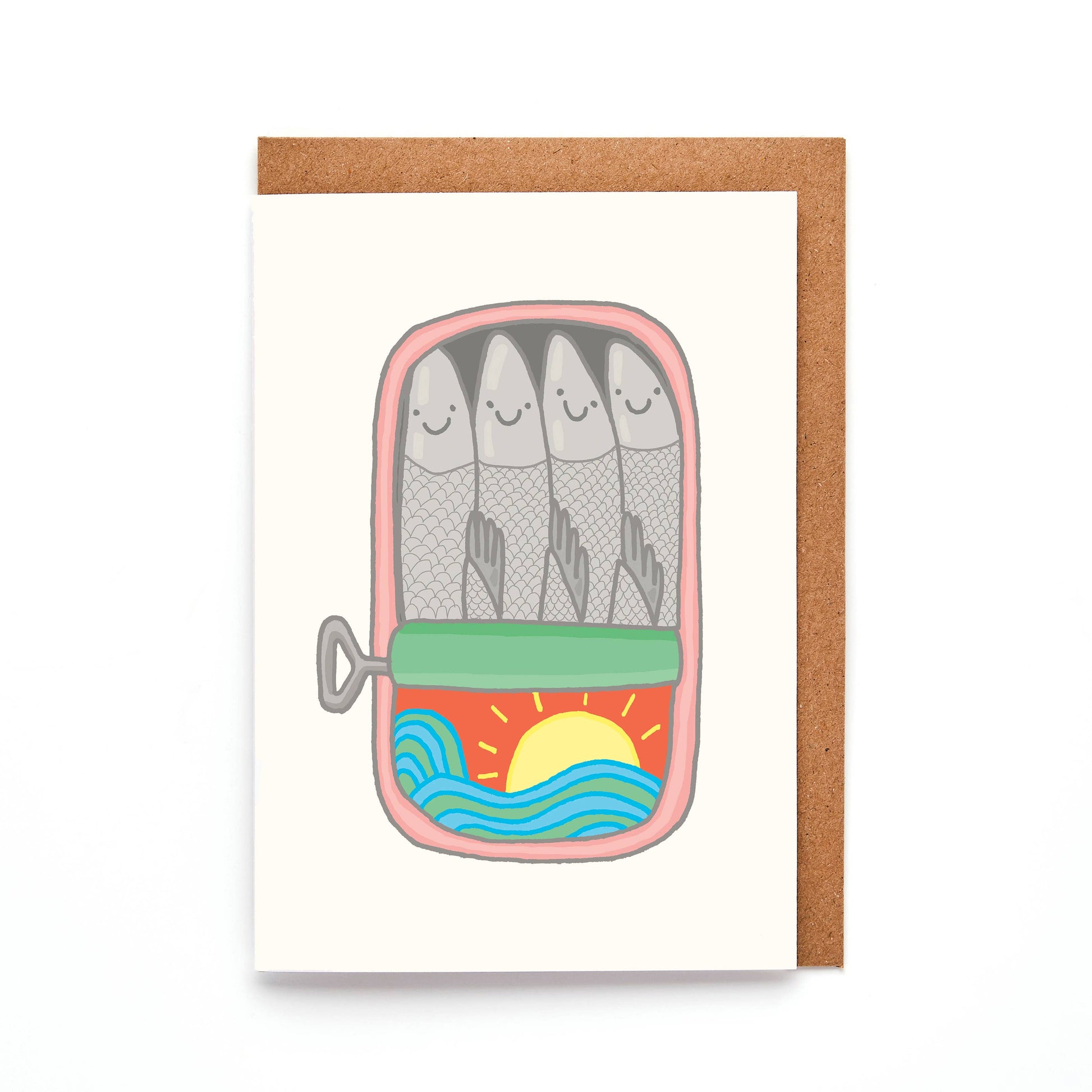 Mini card A7. Designed to make a splash, this playful mini card features a hand-drawn sardine tin illustration packed with personality and summer vibes.