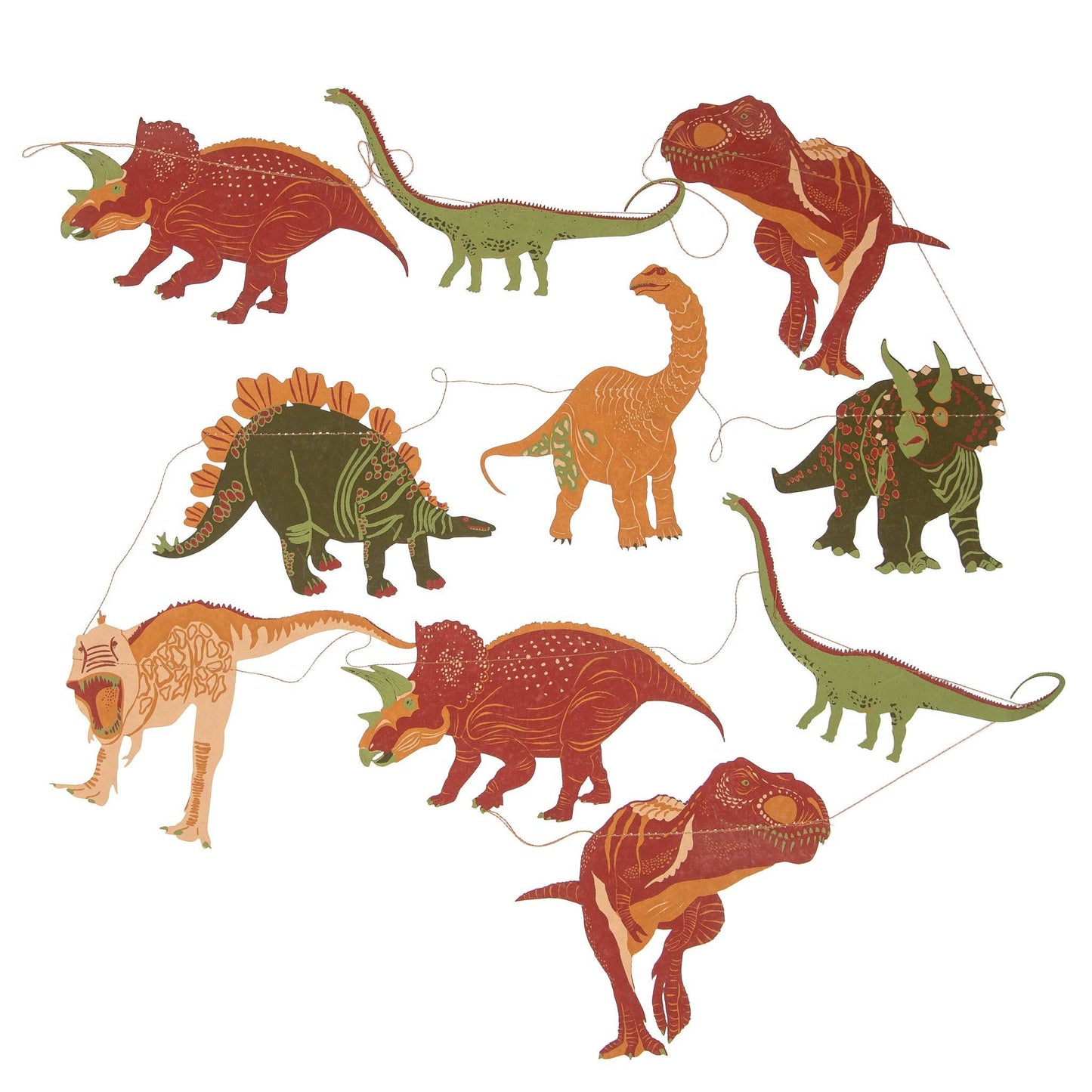 East End Press Dinosaur Garland with 10 colourful hand-printed dinosaurs on recycled paper, 3 metres long