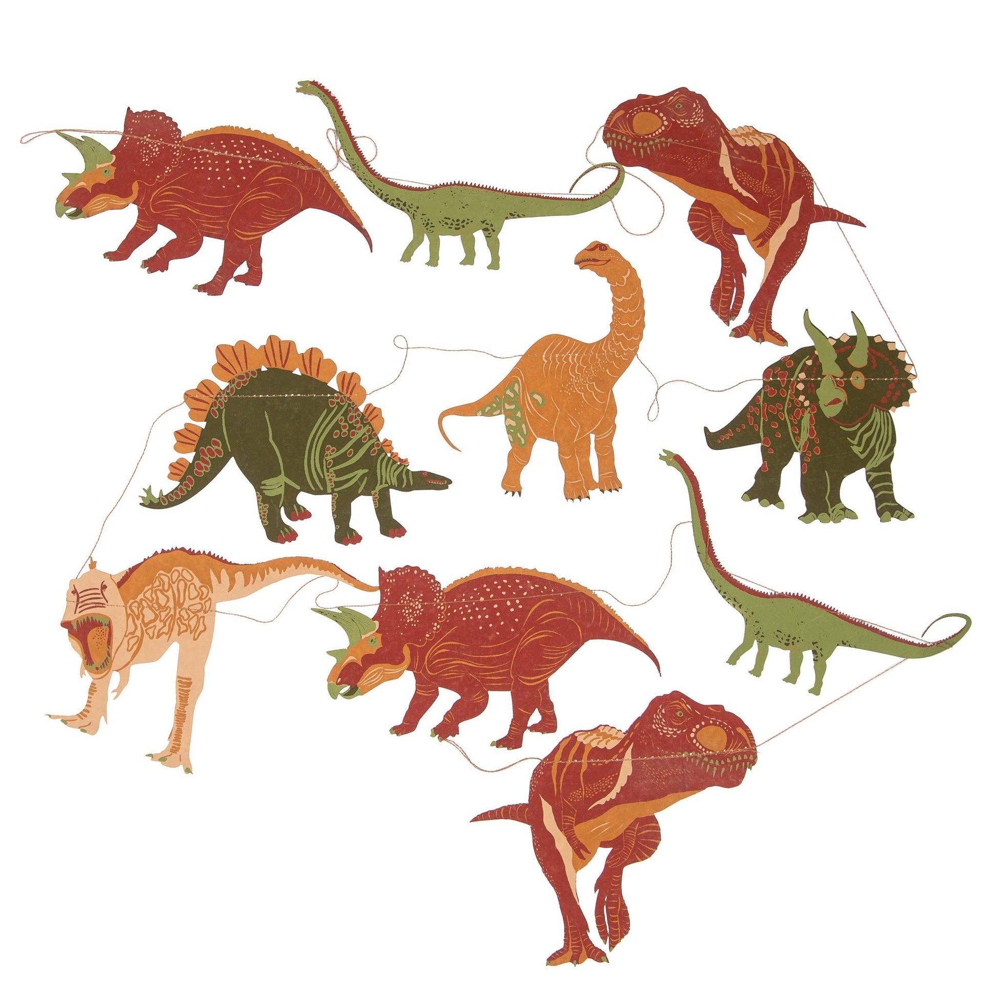 East End Press Dinosaur Garland with 10 colourful hand-printed dinosaurs on recycled paper, 3 metres long