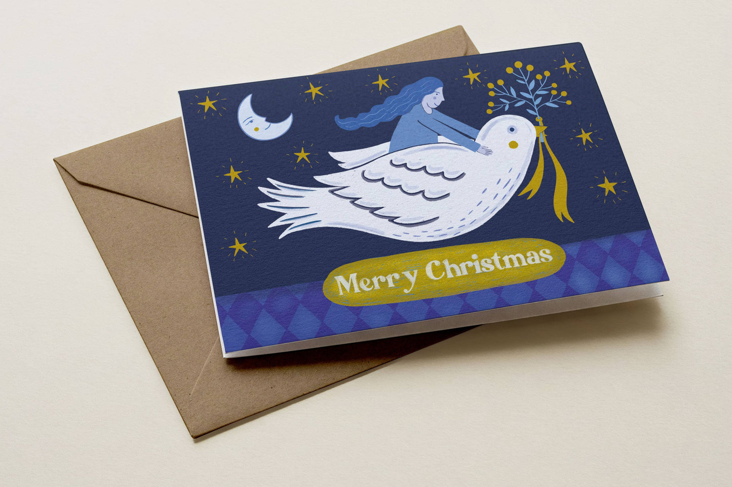 Folk Dove and Girl Christmas Card with Kraft Envelope