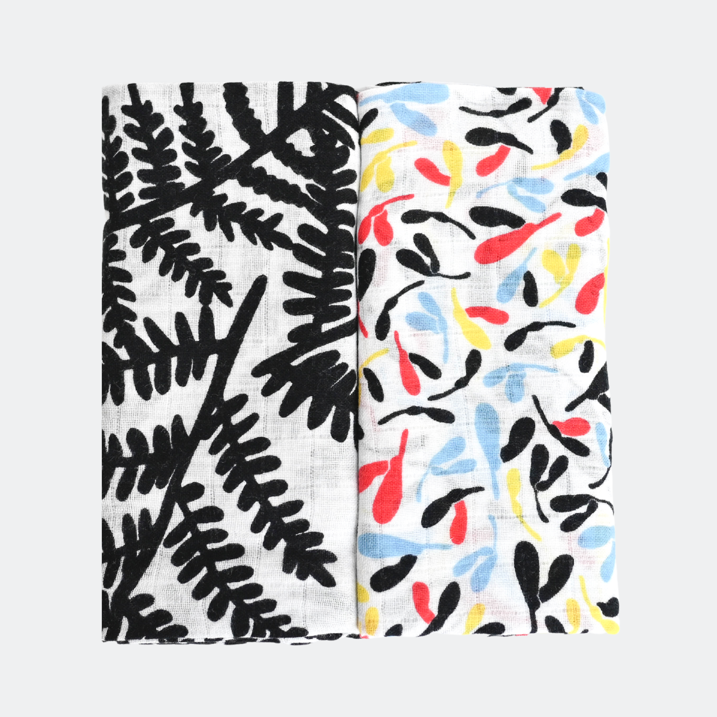 Etta Loves Plant Print sensory muslin 2-pack with Fern and Sycamore organic cotton designs.
