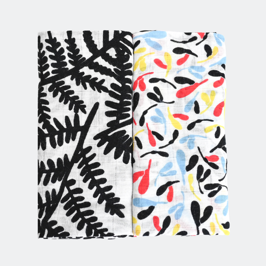 Etta Loves Plant Print sensory muslin 2-pack with Fern and Sycamore organic cotton designs.
