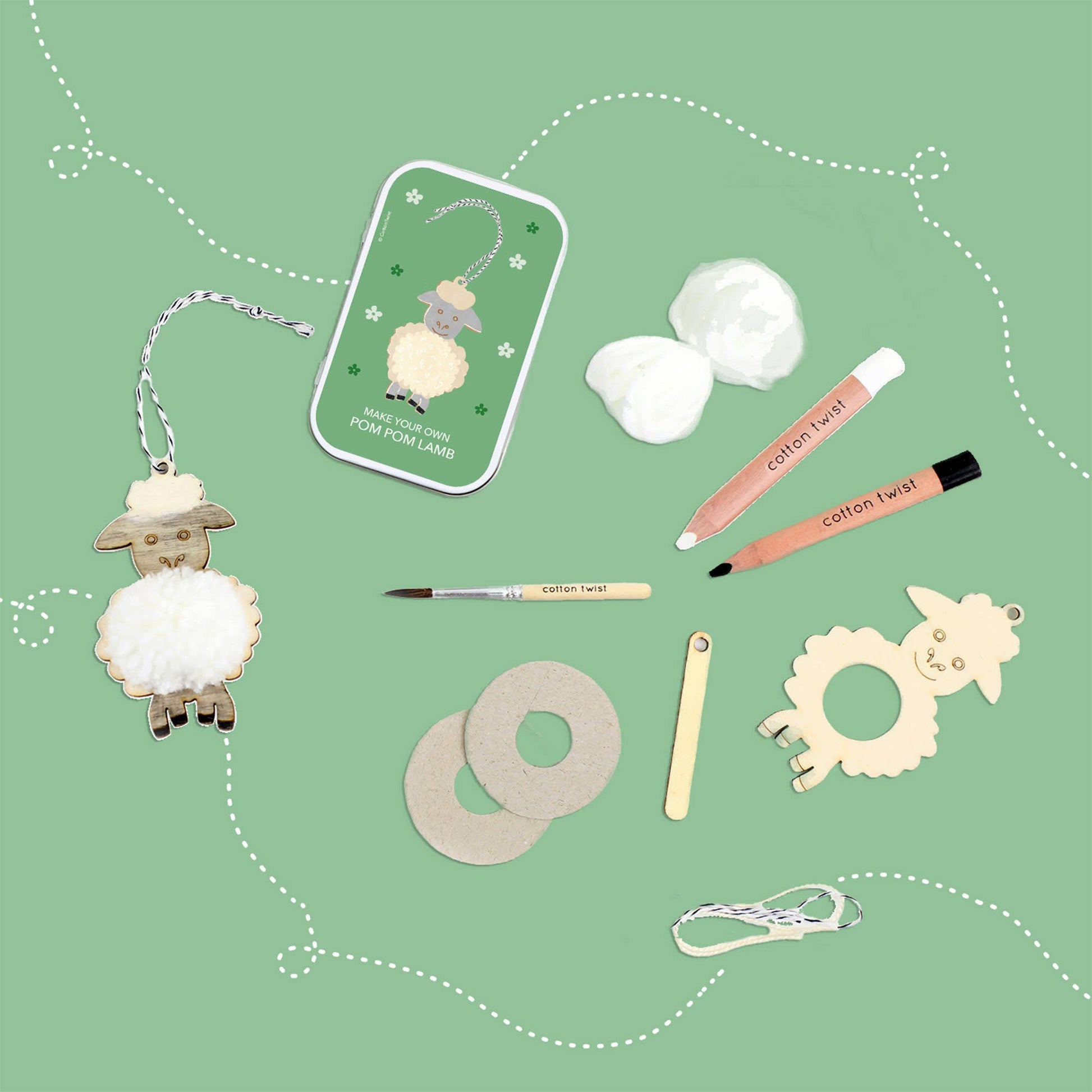 Make Your Own Pom Pom Lamb Gift Kit. Use our watercolour pencils to colour-in your lamb, then attach your home-made pom-pom as the tummy and create the softest, fluffiest pom-pom lamb out there. Comes in a little keepsake tin.