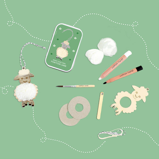 Make Your Own Pom Pom Lamb Gift Kit. Use our watercolour pencils to colour-in your lamb, then attach your home-made pom-pom as the tummy and create the softest, fluffiest pom-pom lamb out there. Comes in a little keepsake tin.