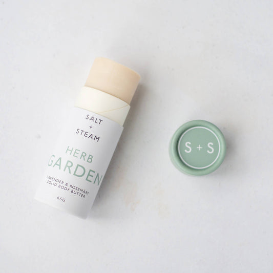 Herb Garden lavender rosemary solid body butter tube on eco-friendly background