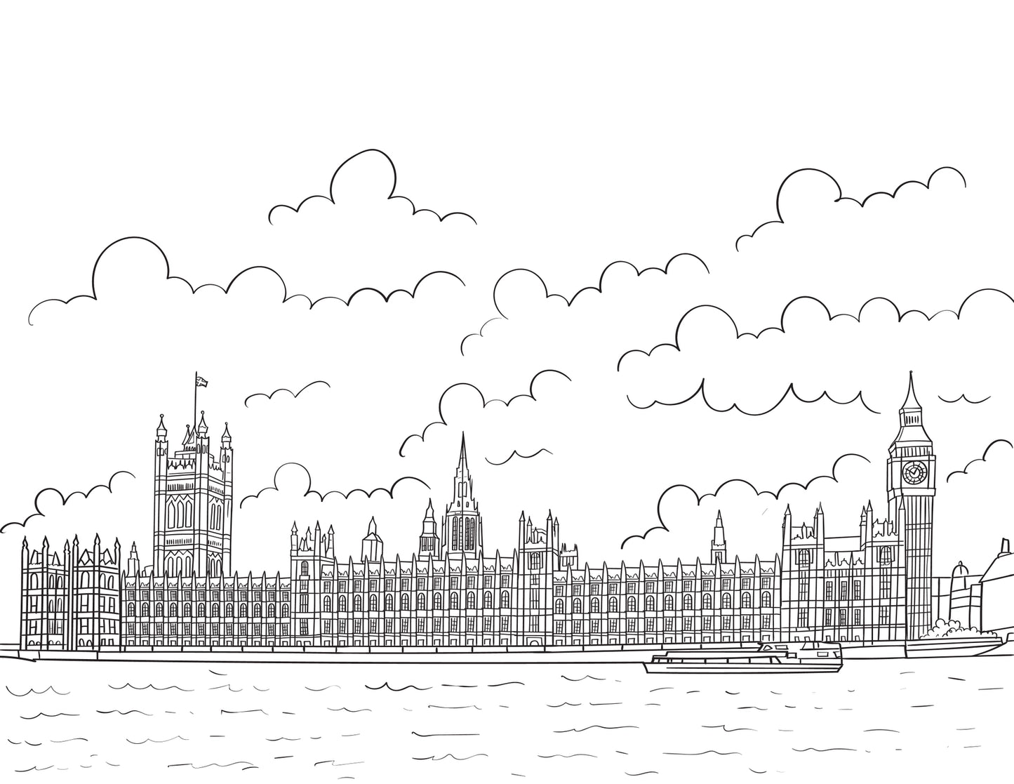 Detailed A4 illustration of London landmarks for colouring