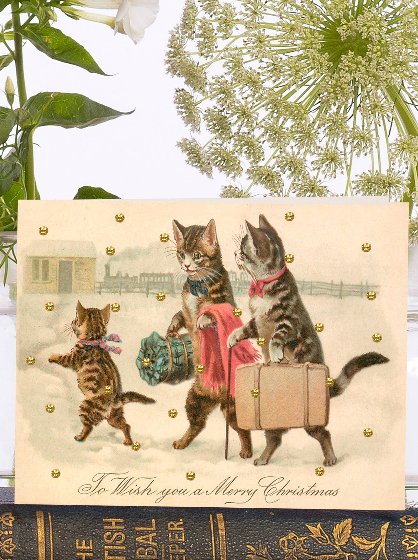 Little Vintage Cat Christmas Card with hand-applied glitter and ivory envelope