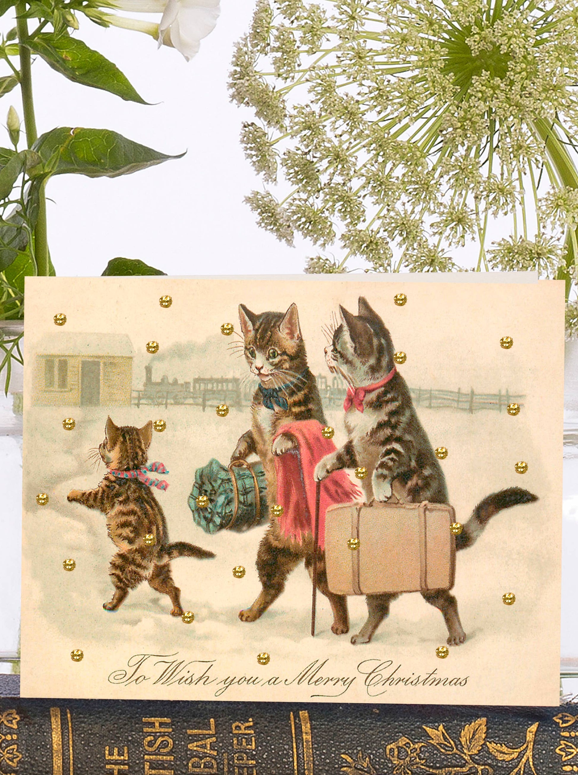Little Vintage Cat Christmas Card with hand-applied glitter and ivory envelope