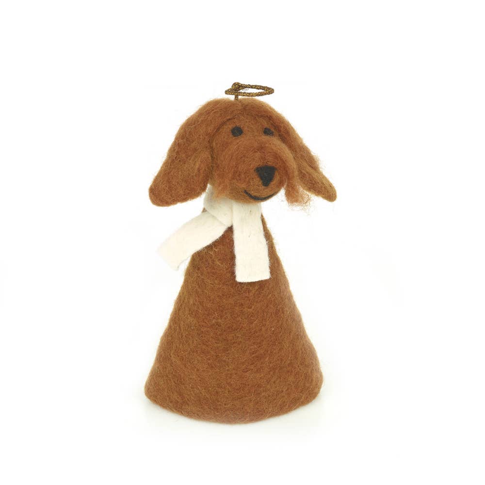 Handmade felt Sahara Dog Christmas tree topper by Felt So Good, eco-friendly cockapoo design with golden halo, crafted from sustainable wool using needle felting