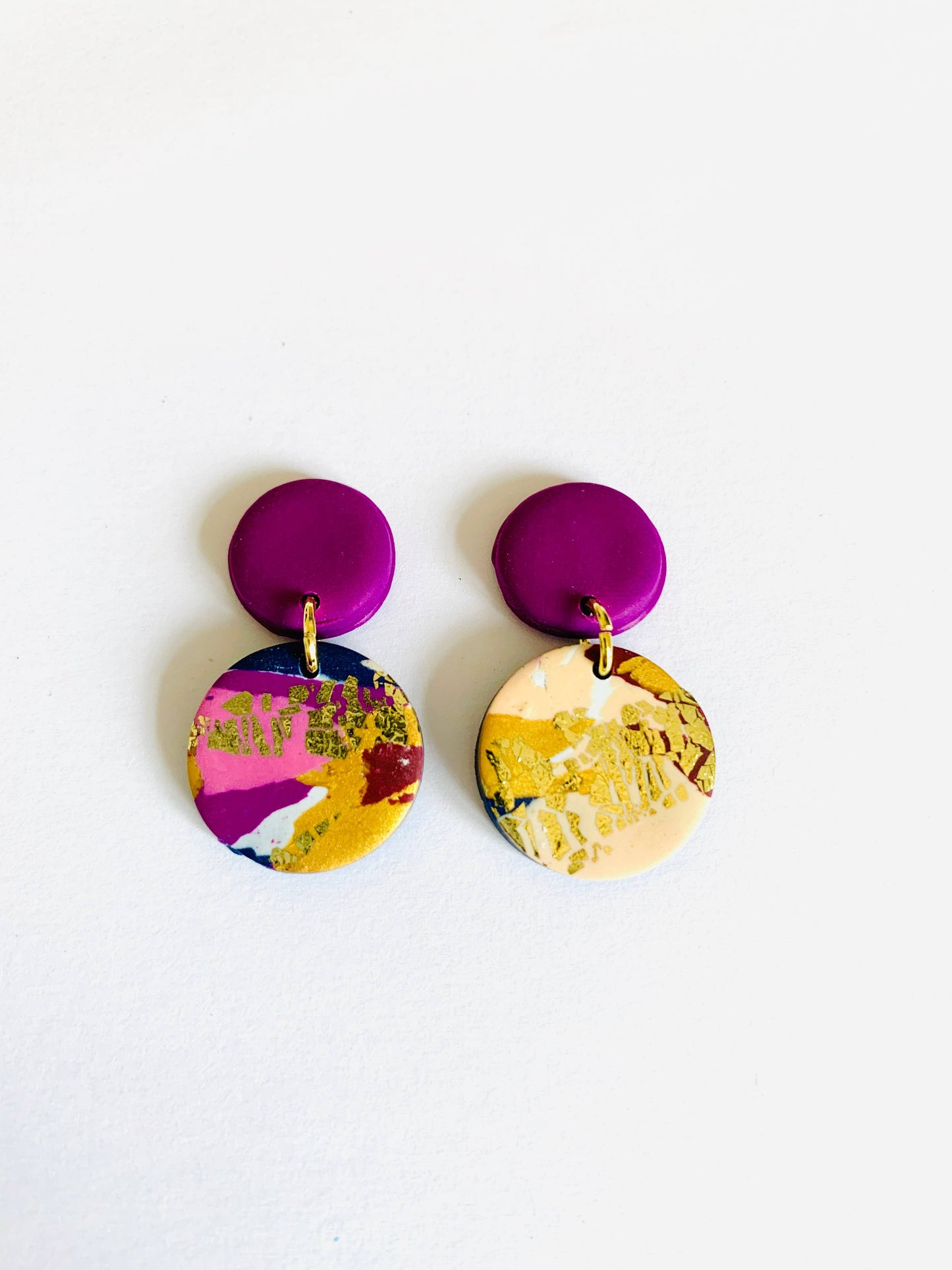 Winter Sunrise Earring - Mini Violet. Made with polymer clay. Purples, pinks, mustard, gold and white abstract drop earrings.