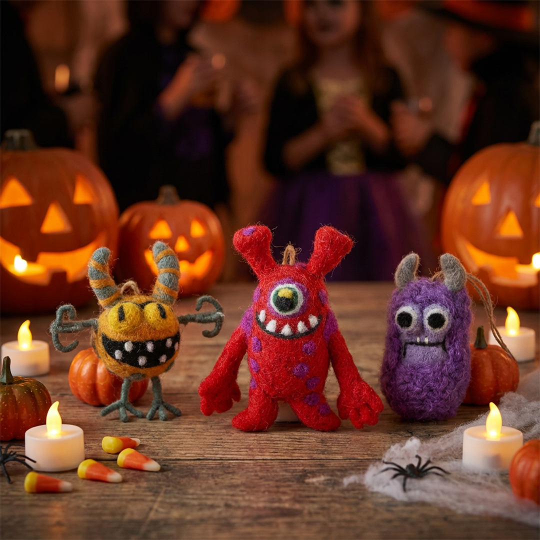 Set of three handmade felt moody monster hanging decorations