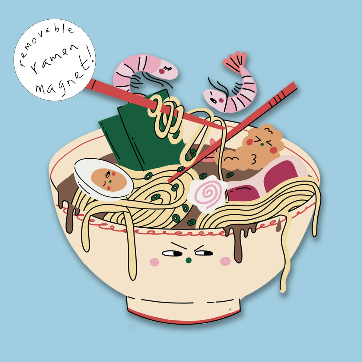 Close up of the removable ramen fridge magnet on a greeting card