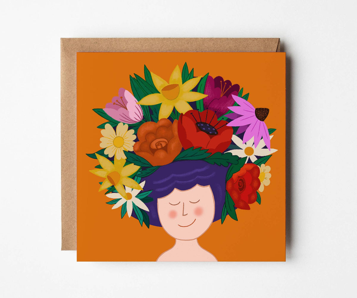 Flower Head Orange Square Greetings Card with original illustration