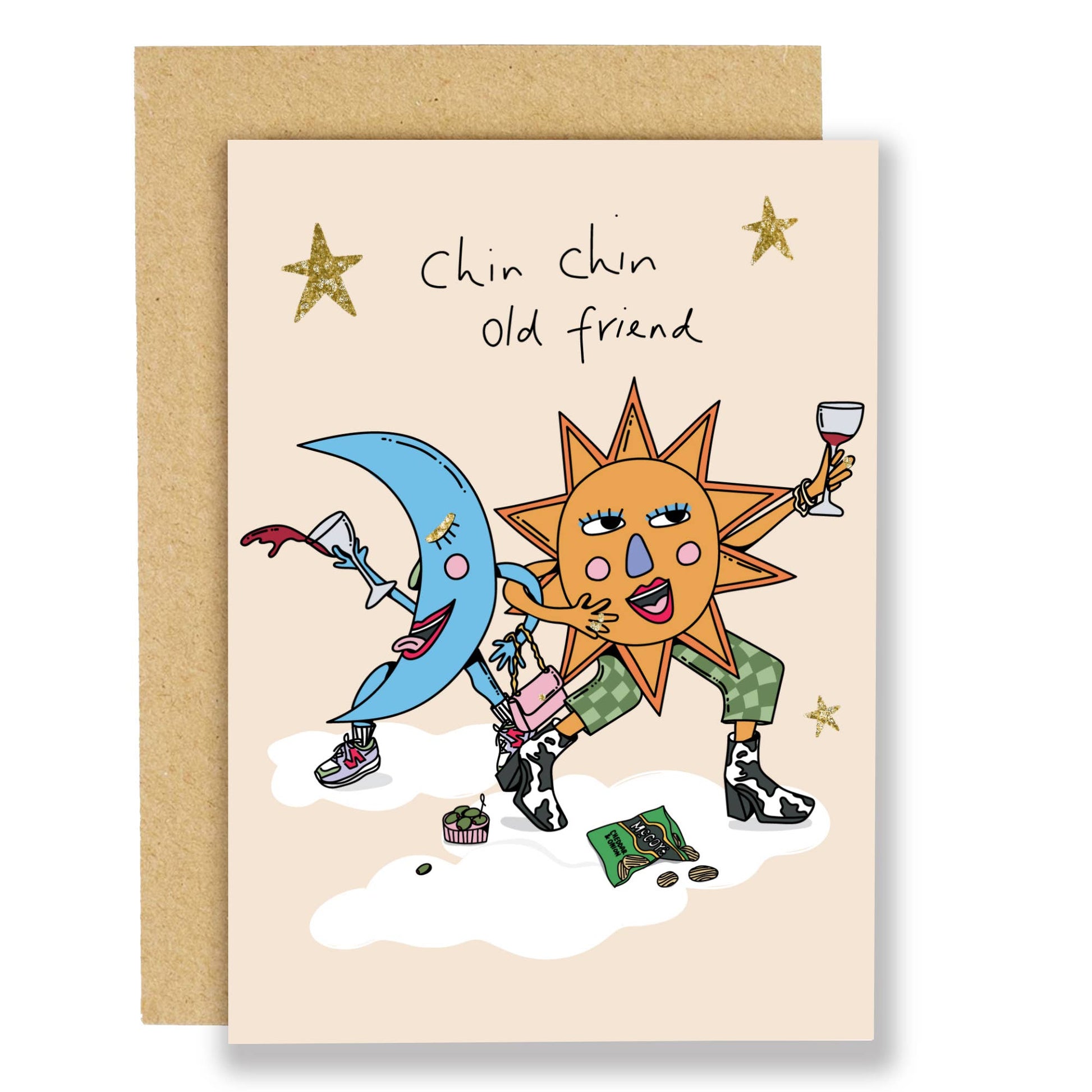 Chin Chin Birthday Card with Gold Foil Sun and Moon Design