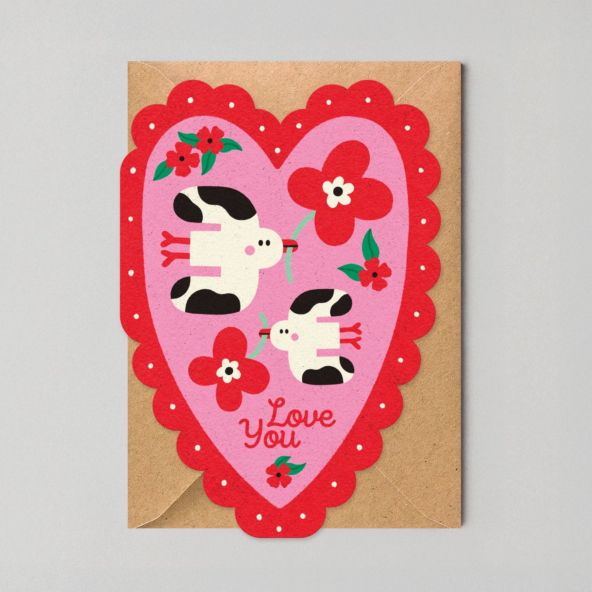 Love Birds heart-shaped greeting card with scalloped edge and Love You caption