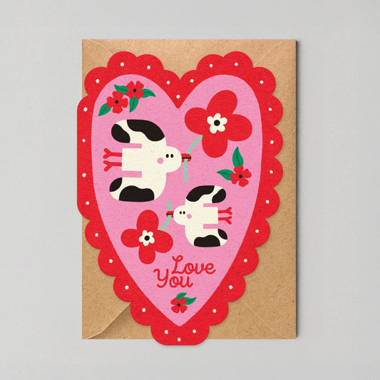 Love Birds heart-shaped greeting card with scalloped edge and Love You caption