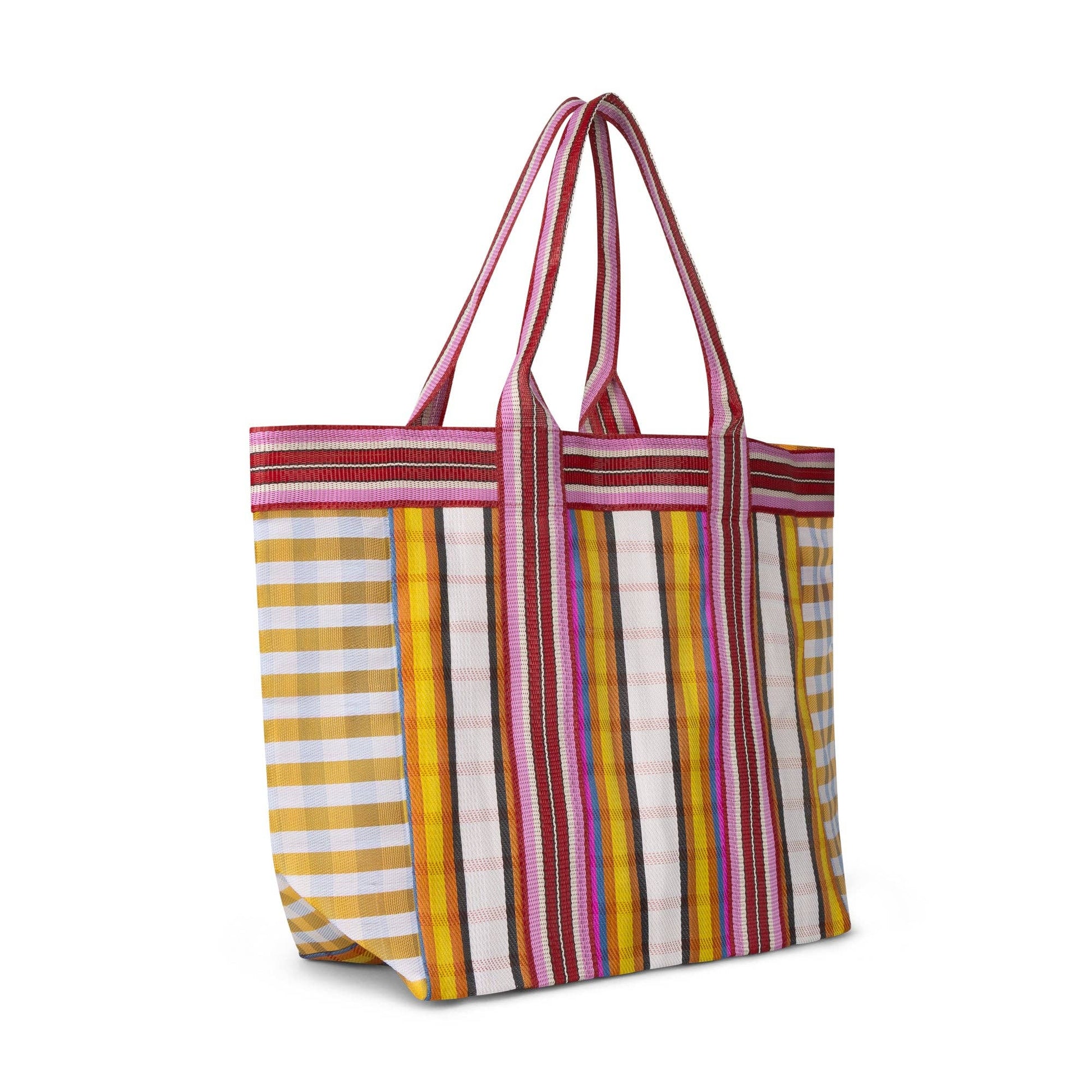 Close up of recycled woven fabric in yellow and magenta stripe