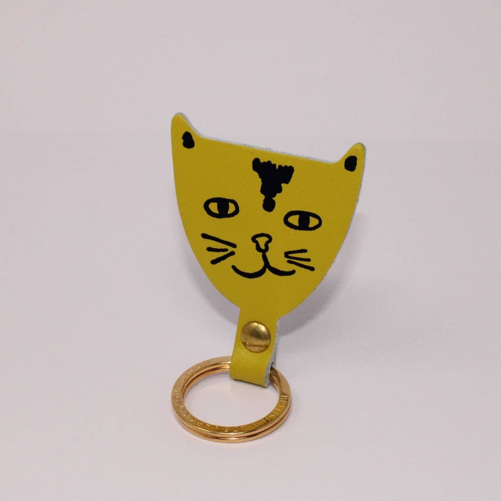 Yellow leather cat head key fob for keys