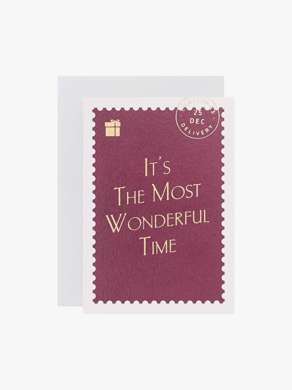 Most Wonderful Mini Vintage Christmas Card, postage stamp design, gold foil, jewel tones, 100% recycled card, A7 size, light grey envelope.