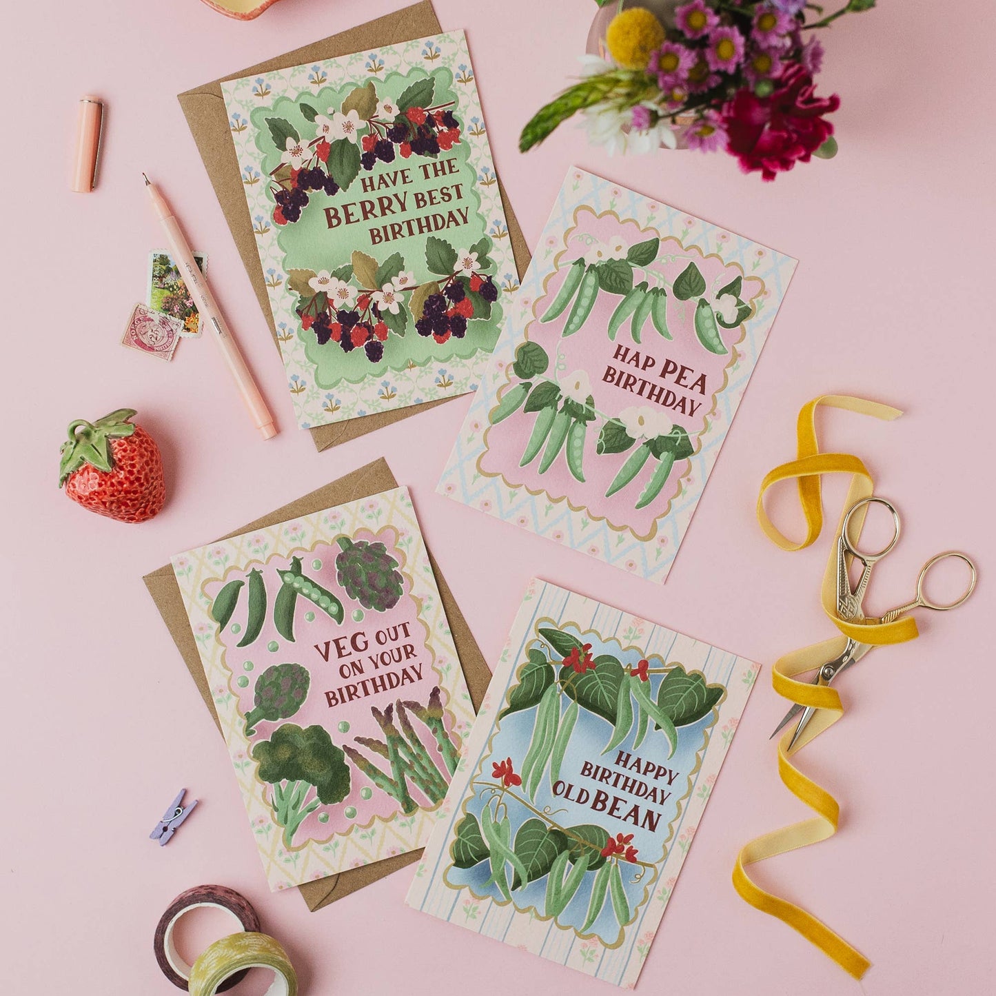 A6 vegetable pun birthday card with brown kraft envelope