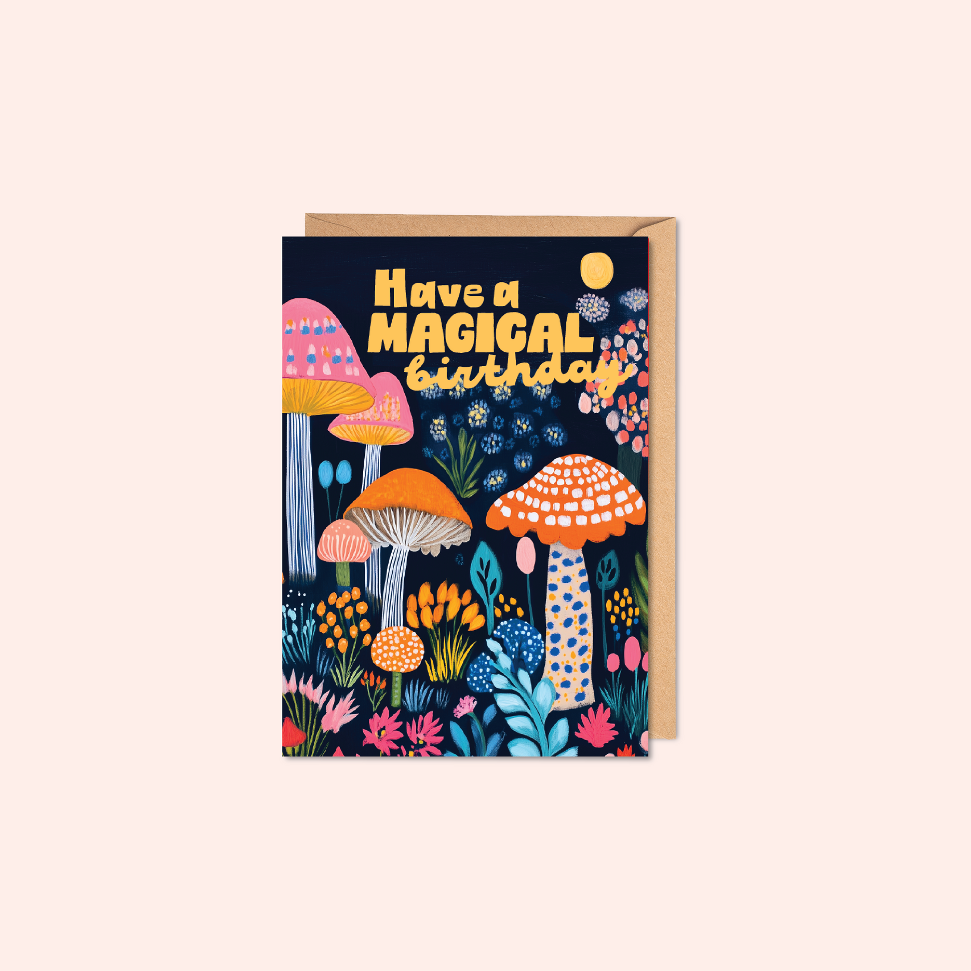 Plastic free sustainable birthday card featuring colourful mushroom illustrations