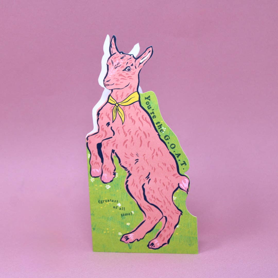 Close-up of British-made GOAT greetings card