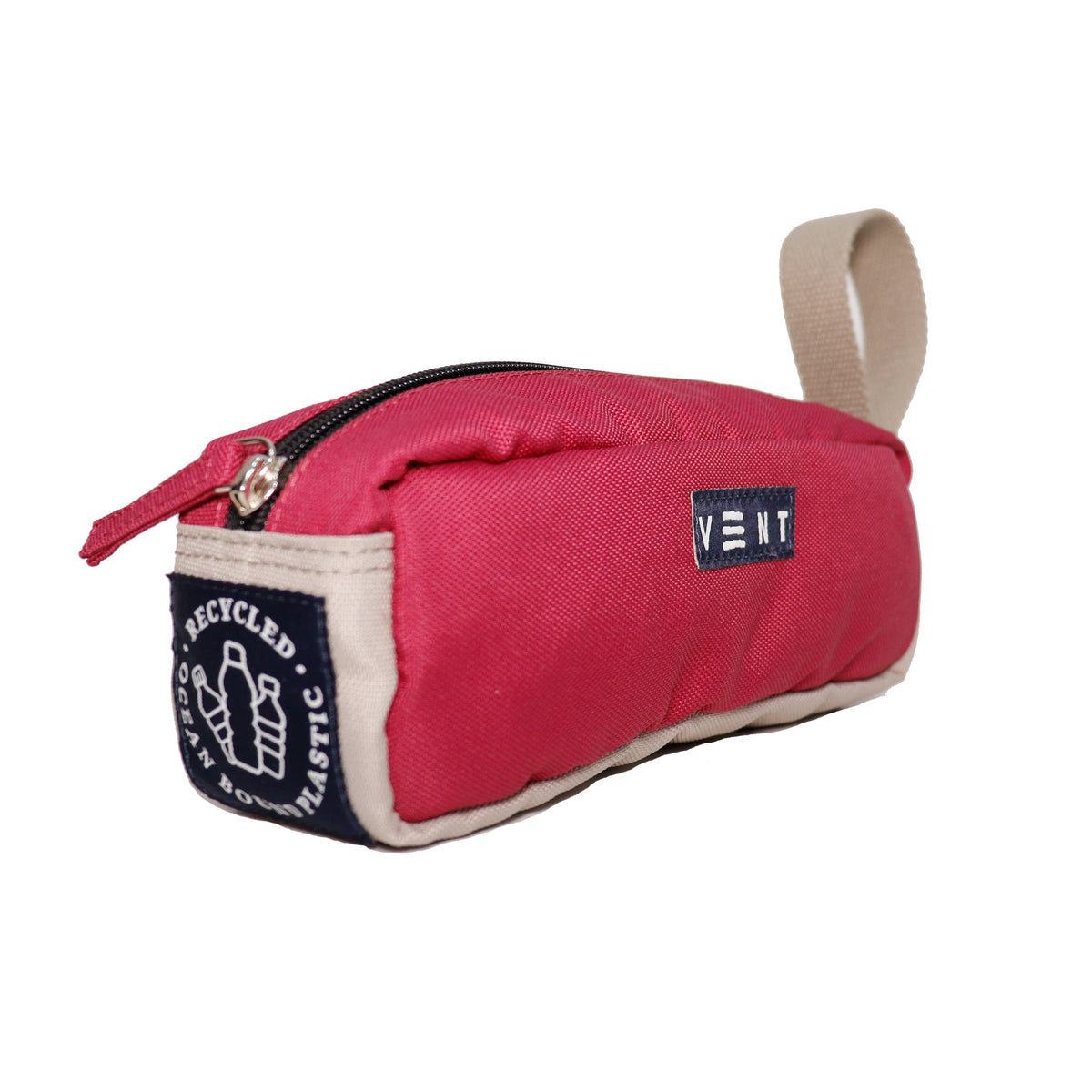 Durable webbing handle detail on raspberry pink eco pencil case