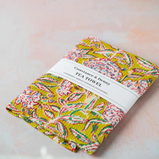 Evergreen botanical block print tea towel in waffle cotton