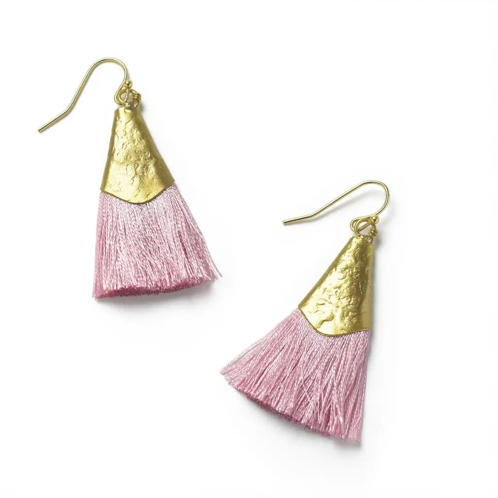 A bohemian style tassel earring. Handcrafted using recycled nickel-free brass and recycled sari threads. Pale Pink threads.