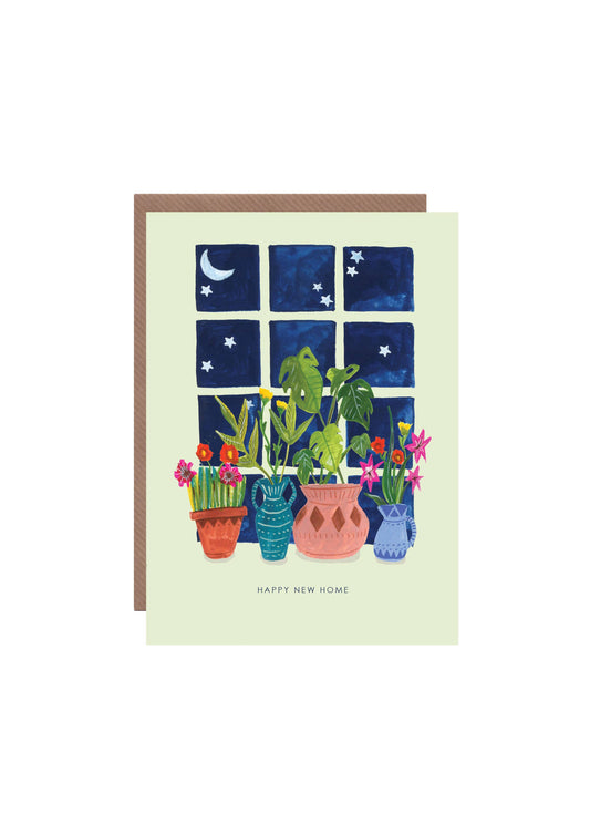 Help them celebrate getting settled into their new place with this charming 'HAPPY NEW HOME' card. Featuring a window overlooking a starry sky and a rather fantastic selection of house plants, this card is the perfect way to send best wishes.