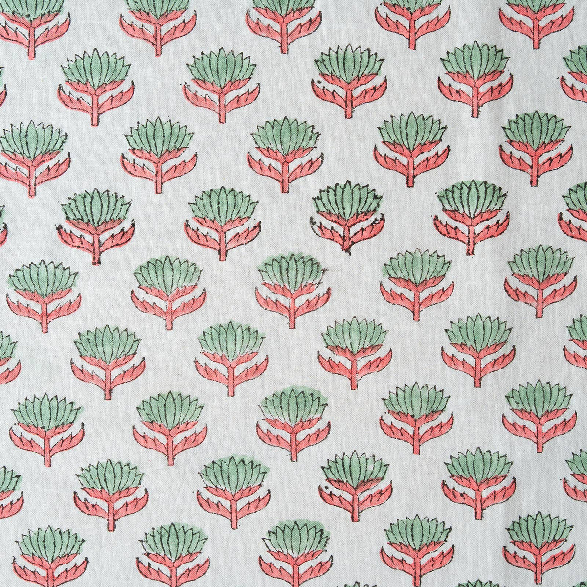 Close up of Lotus Flower design on sage and pink cotton napkin