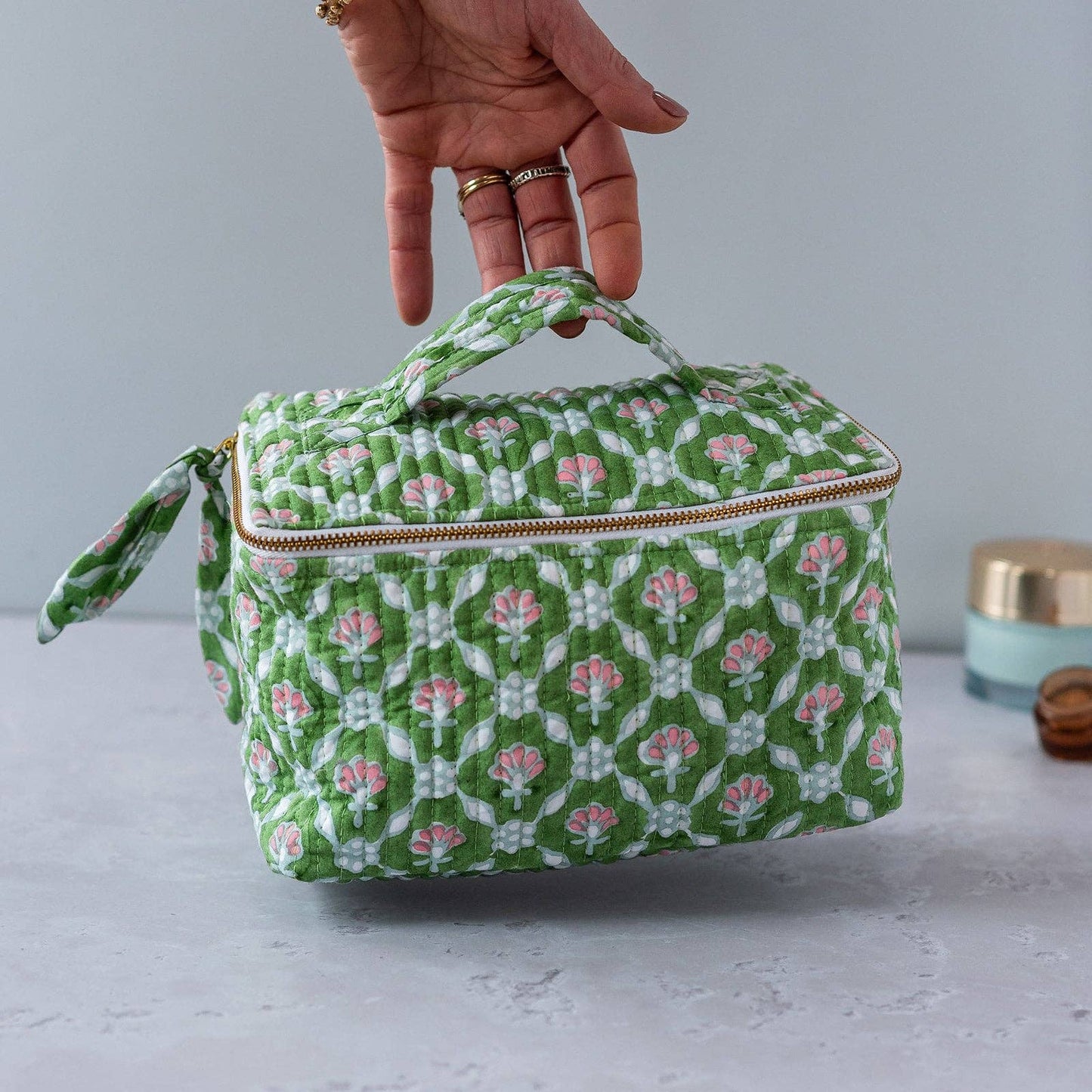 Ethically handmade travel wash bag with coordinating fabric lining