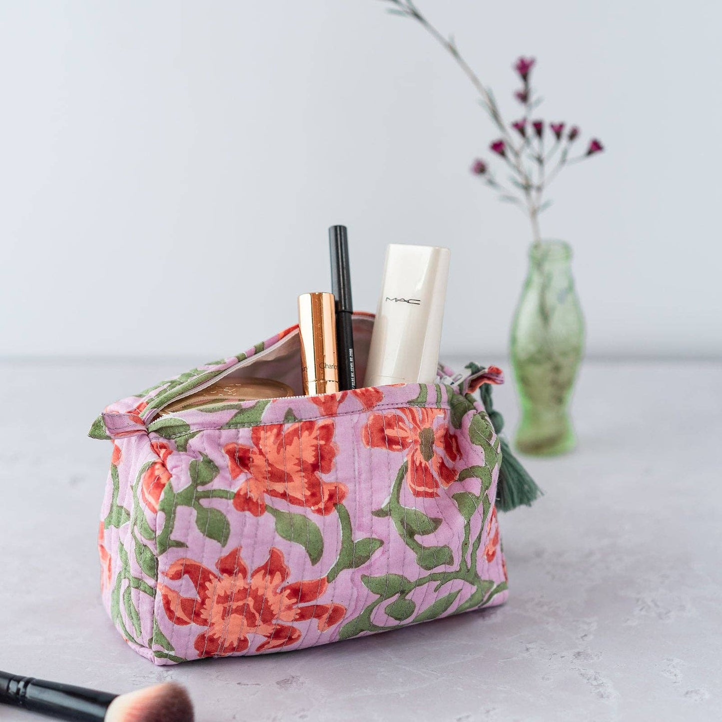 Close up of the waterproof lining in the clementine wash bag