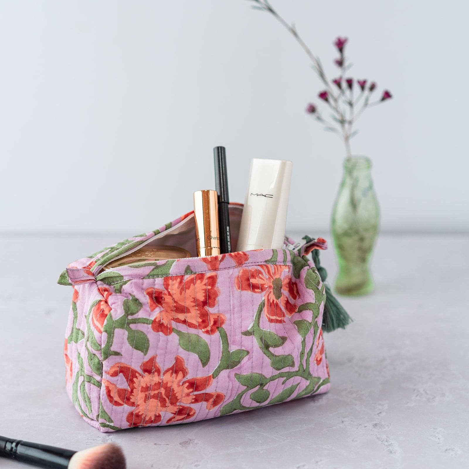 Close up of the waterproof lining in the clementine wash bag