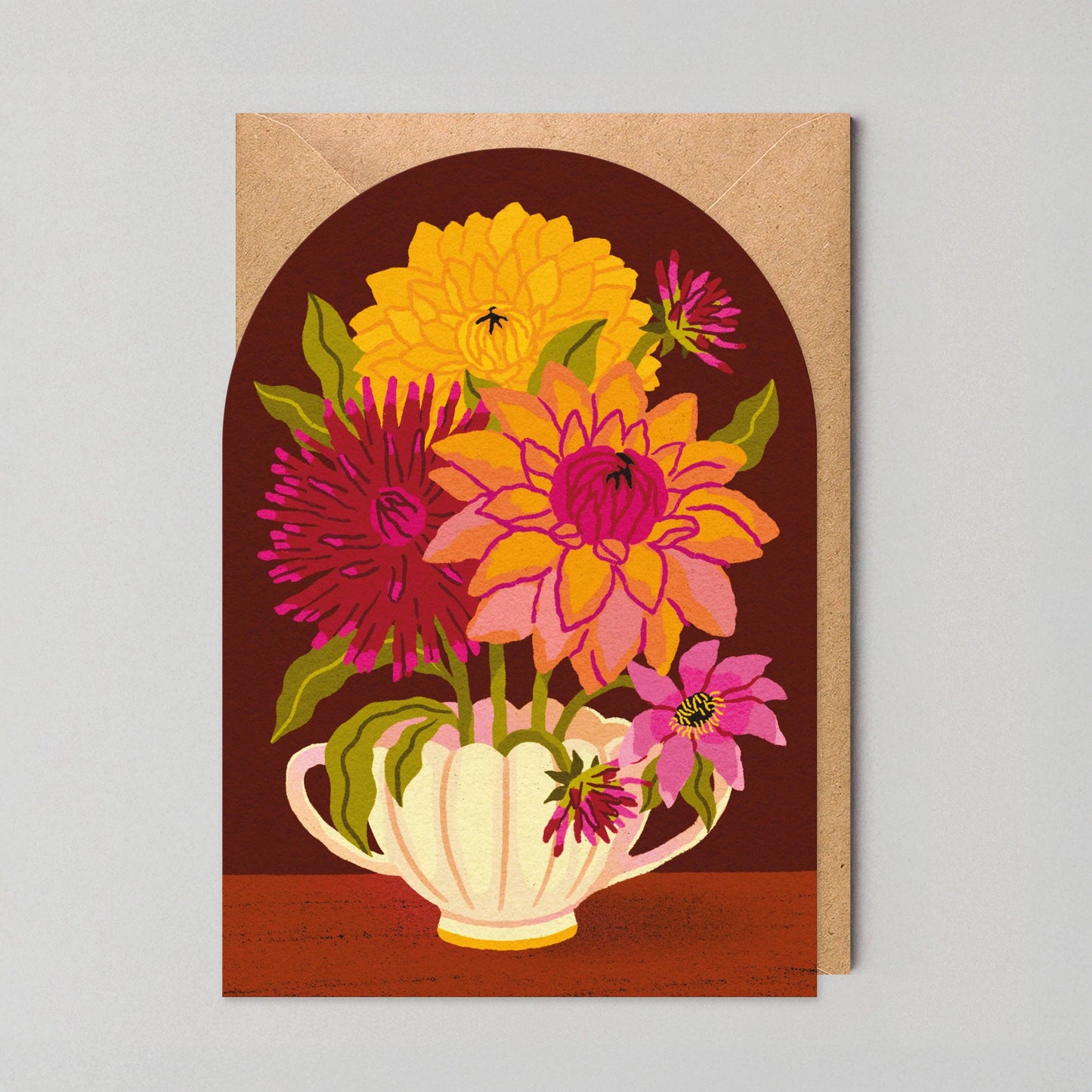 Set of six vibrant dahlia floral greeting cards with a trendy arch shape and burgundy background